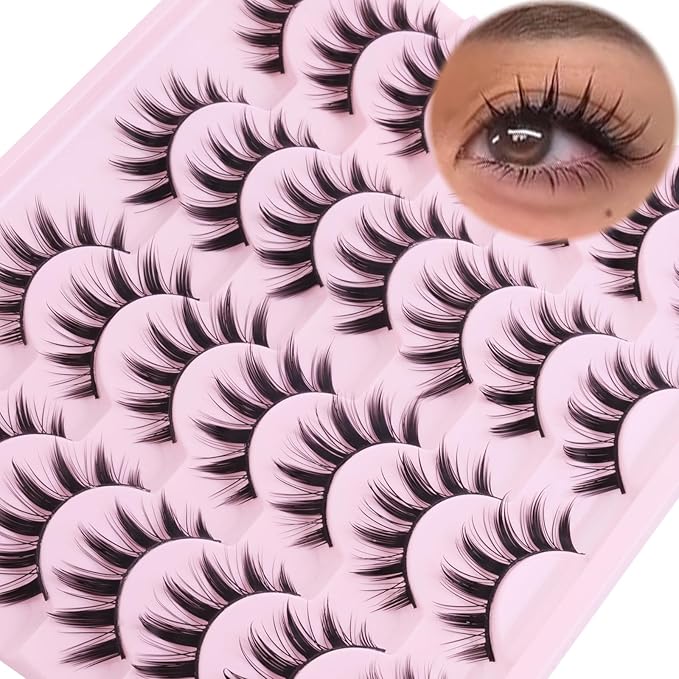 Manga Anime False Eyelashes 14 Pairs, Japanese Style Doll Eye & Spiky 8D Wispy Lashes, 16MM Dramatic Thick Faux Mink for Cosplay, Theatrical Makeup & J-Fashion