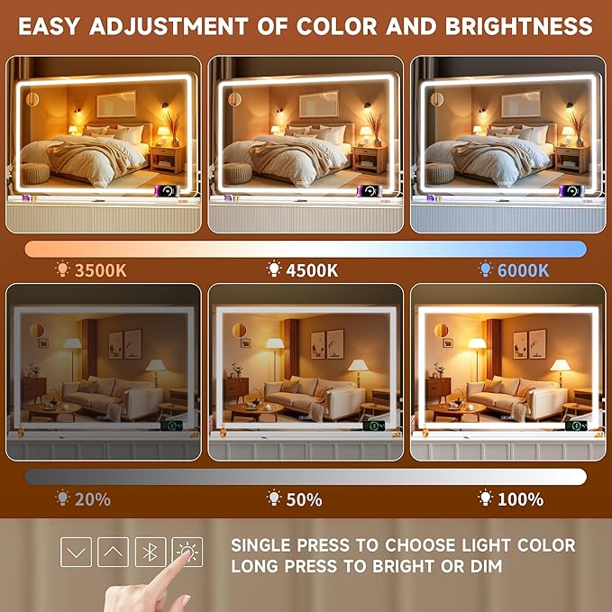 MINISO Vanity Mirror with Lights,47.2"x29.5"LED Makeup Mirror with Bluetooth Speaker,Touch Sensor,3 Light Colors,Dimmable,Metal Frame,with 10X Magnifying Glass,Rectangular White