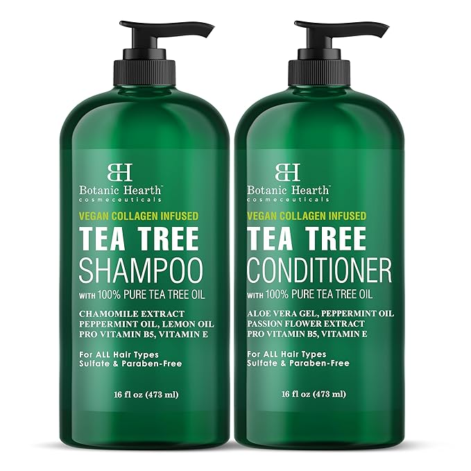 Botanic Hearth Vegan Collagen Infused Tea Tree Shampoo and Conditioner Set, 16 fl oz each - Sulfate Free, Paraben Free - For Itchy and Dry Scalp - Men and Women