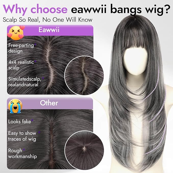 Long Black mix White Wig with Bangs for Women,4x4 Realistic Scalp,Free Parting,Layered Hairstyle Synthetic Heat Resistant for Daily Party Use 26 inch