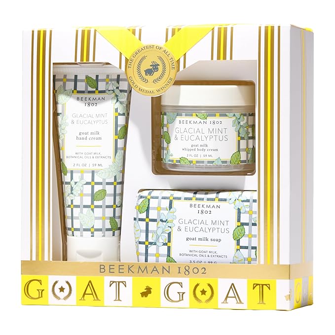 Beekman 1802 Goat Milk Bodycare Gift Set – 3-Piece Glacial Mint & Eucalyptus Set with Bar Soap, Whipped Body Cream & Hand Cream