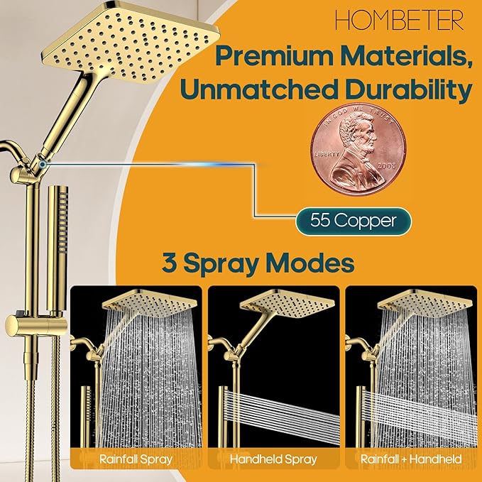 Hombeter Filtered Shower Head with Handheld Spray Combo High Pressure Rain Shower Head Dual Shower Head with Filters - Removes Chlorine Height Adjustable & Built-in Power Wash (Gold)
