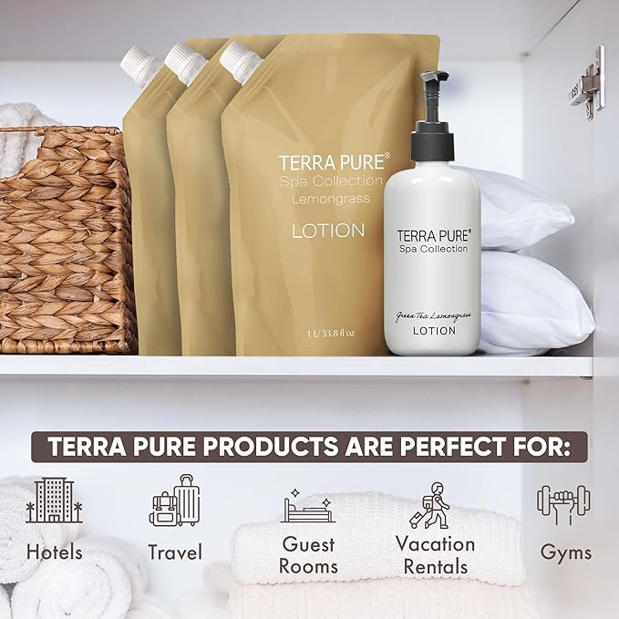 Terra Pure Spa Collection 1 Liter Lotion Refill Bag For Soap Dispensers | Bulk Toiletries for Vacation Rentals, and Home Bathroom Showers | Green Tea Lemongrass | Set of 12