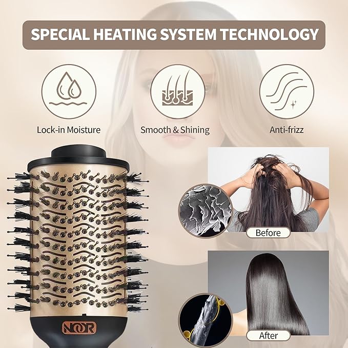 Noor 4-in-1 Hot Hair Dryer Brush Frizz Control Blowout Styling Brush for Drying Straightening and Volumizing All Hairstyles Frizz-Free Smooth Salon Look in One Easy Step