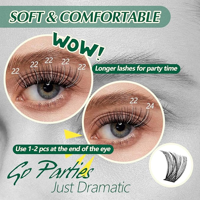 Lash Clusters 96pcs Eyelash Clusters D Curl 18-24MIX Cluster Lashes KEYYOU Volume Wispy Lash Extension Soft&Comfortable Easy DIY at Home(Y01,D-18-24MIX)