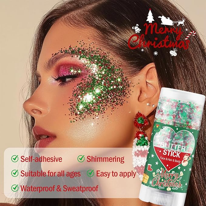 Christmas Body Glitter Stick, Red Green and White Face Glitter Accessories, Waterproof Face Hair Glitter Makeup, Christmas Glitter Makeup for Kids and Women