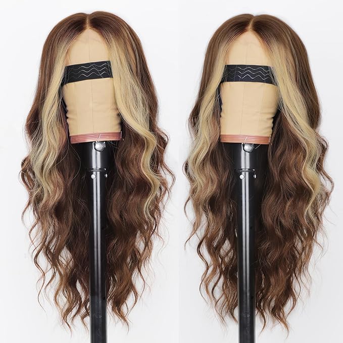 AISI HAIR Brown Mixed Blonde wig Wig for Women, Long Wavy Lace Hairline Middle Part Synthetic Heat Resistant Wig for Daily Party-26 Inch