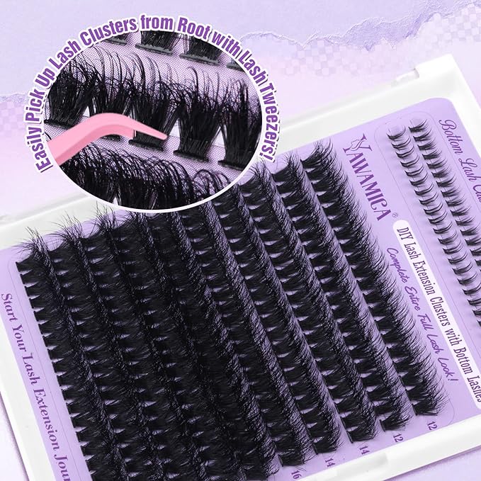 Yawmaica Lash Clusters Kit with Bottom Lashes Wispy Eyelash Extension Kit 200D Volume Eyelash Clusters 12-20mm D Curly Individual Lashes DIY Lash Extension Kit with Lash Bond and Seal Lash Tweezers