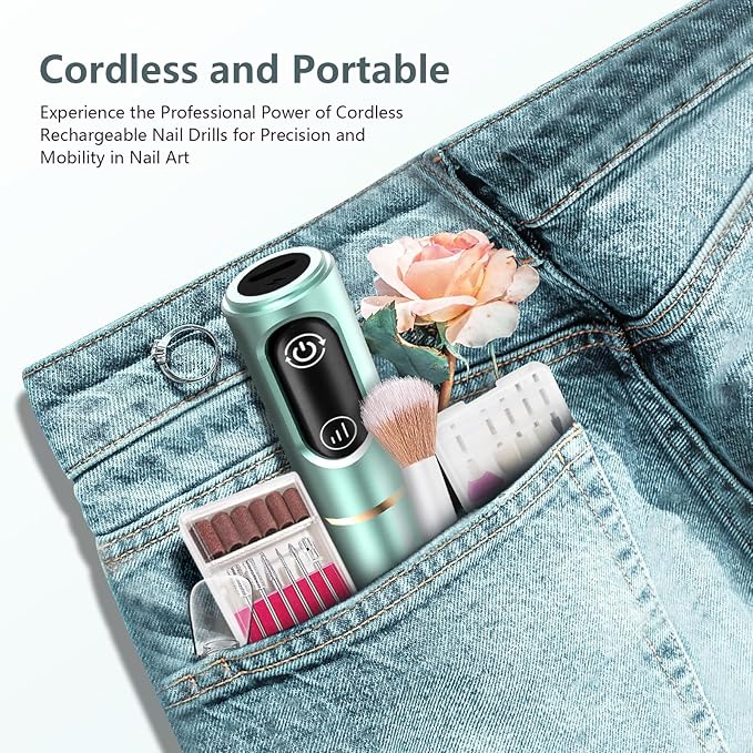 Cordless Nail Drill Electric Rechargeable File Kit, Professional Efile Acrylic Gel Nail Polish Remover Pedicure Manicure Machine Portable Set with 11 Bits 56 Sanding Bands (Mint Green)