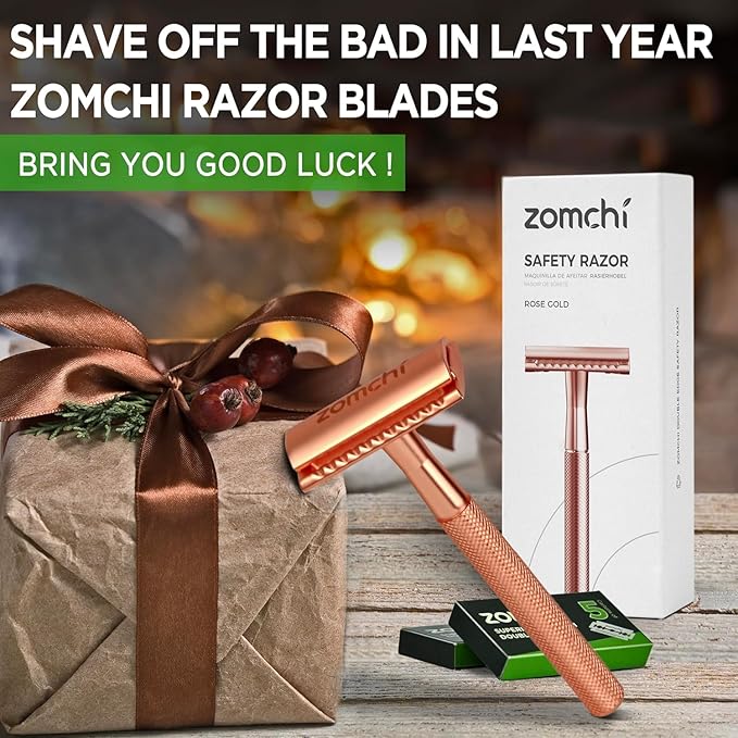 ZOMCHI Safety Razor for Men&Women with 5 Double Edge Safety Razor Blades, Double Edge Razor, Reusable Razor, Plastic Free – Rose Gold