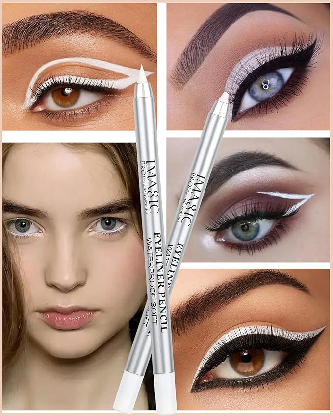 2Pcs White Waterproof Gel Eyeliner Pencil,Highlighter Eye Liner Pencil Natural Matte Long Lasting Super Smooth formula White Eye Liner Eyeshadow Makeup Pens,Eye Brightener Pencil with Pencil Sharpener