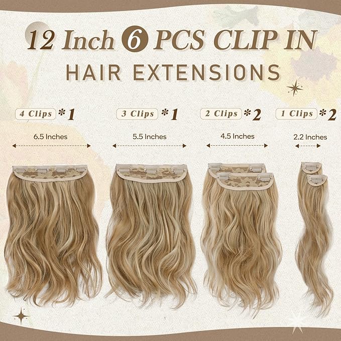 BARSDAR 12 Inch Wavy Golden Blonde Clip in Hair Extensions - 6PCs Short Wavy Golden Blonde Highlight Clip in Hair Extensions for Women - Full Head Thick Soft Synthetic Hairpieces Daily Party
