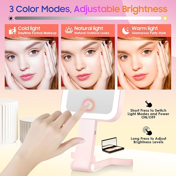 Magnifying Travel Mirror with Light, 30X/1X Double-Sided Magnifying Mirror with 3 Color Lights, Brightness Adjustable, Foldable Handheld Makeup Mirrors Portable for Travel and Desktop Use