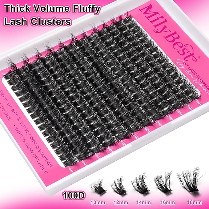 Lash Clusters 100D Fluffy Individual Lashes D Curl Cluster Eyelash Extensions 10-18mm Wispy DIY Lash Extension Thick Volume False Eyelashes Clusters for Beginners by MilyBest