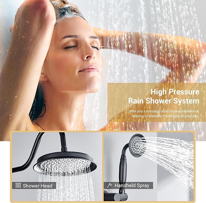 DASAN Matte Black Rain Shower System Antique Shower Faucet Complete Sets, Matte Black Shower Fixtures Combo with Pressure Balance Valve, Trim Kit, 9’’ Rainfall Overhead Shower & Handheld, AT209W-MB