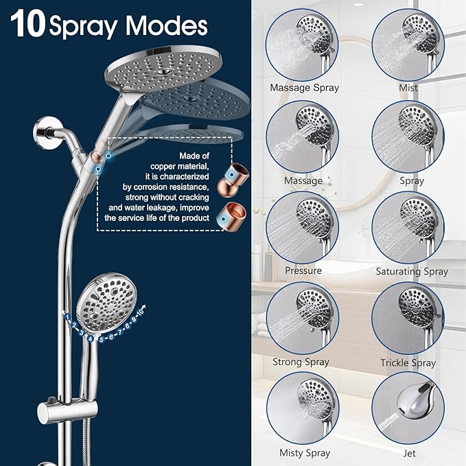 UCLIMAA High Pressure Shower Head with Handheld Shower, 26" Adjustable Height Drill-Free Slide Bar, 3-Way Diverter for Easy Reach, Dual Shower Head Combo Set with 5ft Hose - Chrome
