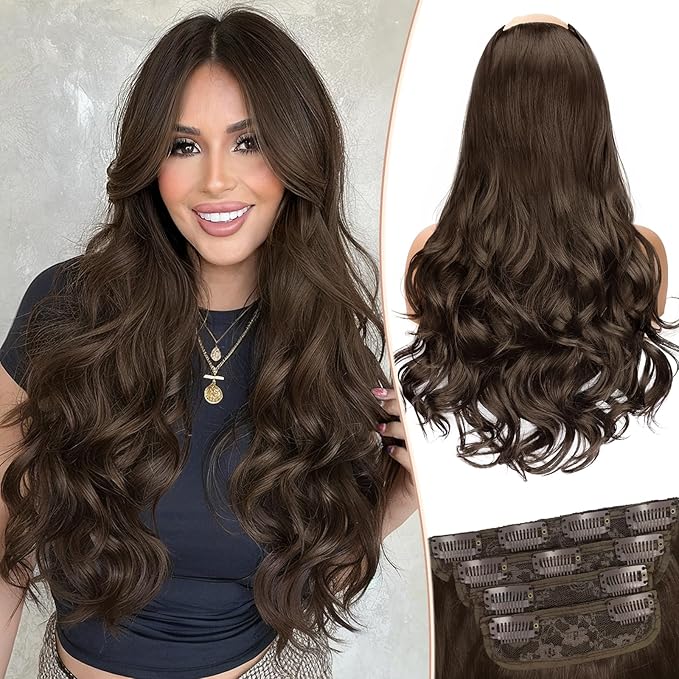KooKaStyle Clip In Hair Extensions, Natural Long Layered Soft Invisible Synthetic Curly Wavy Hairpieces for Women, 4 pcs (20 Inch, Chocolate Brown)