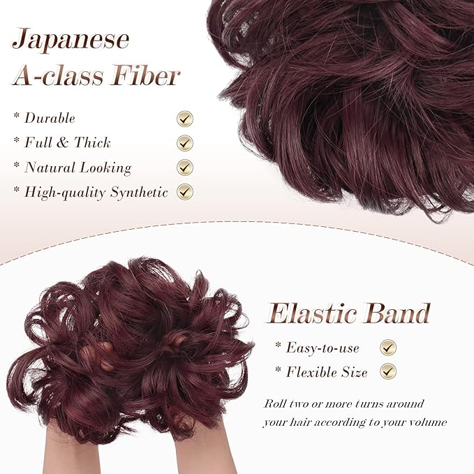 FESHFEN Messy Bun Hair Piece - Wavy Synthetic Chignon Scrunchies for Instant Volume, Elastic Bun Ponytail Hair Extensions Thick Hairpieces for Women, Wine Red 1.50 oz