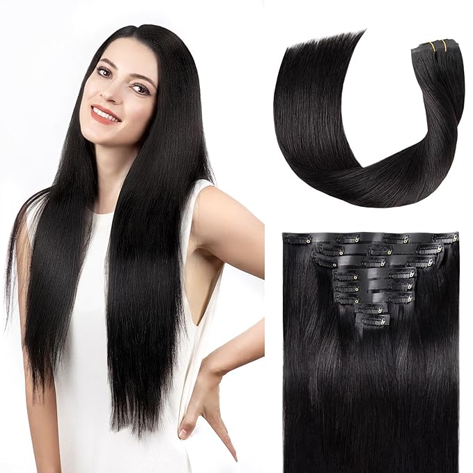 Clip in Hair Extensions Real Human Hair Natural Black Seamless Clip In 100% Remy Hair Extensions PU Skin Weft Add Volume Invisible for Long Straight Hair #1B 16Inch 120G 8PCS