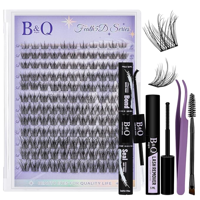 B&Q Lash Clusters Kit Wispy Fluffy - Feath5D 07 Eyelash Clusters Kit with Glue & Tools, Feathered Lightweight Lash Kit, 8-18mm C Curl Waterproof False Lashes