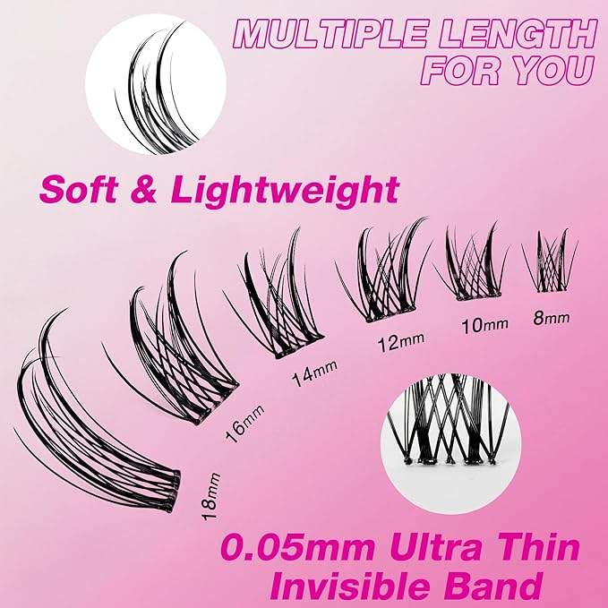 VEYESBEAUTY Lash Clusters Kit Eyelash Extensions Thin & Invisible Band DIY Individual False Eyelashes Newbie's Five-Second Series Lash Tray for Self-application, Sylph Lashes 8-18mm Mixed Length