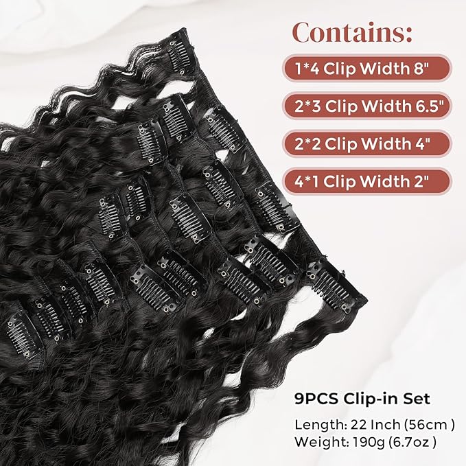 LONAI Black Hair Extension,9PCS 22" Curly Clip in Hair Extensions LN002 Long Soft Thick Synthetic Hairpieces for Women-Black