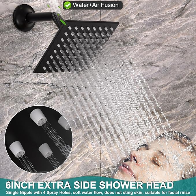 HOMEDEC 15.7x31.5" Ceiling Mounted Rainfall and 6" Wall Mounted Shower Heads with 6 Body Jets, Dual Shower Head System Rain Shower Faucet Set, Black