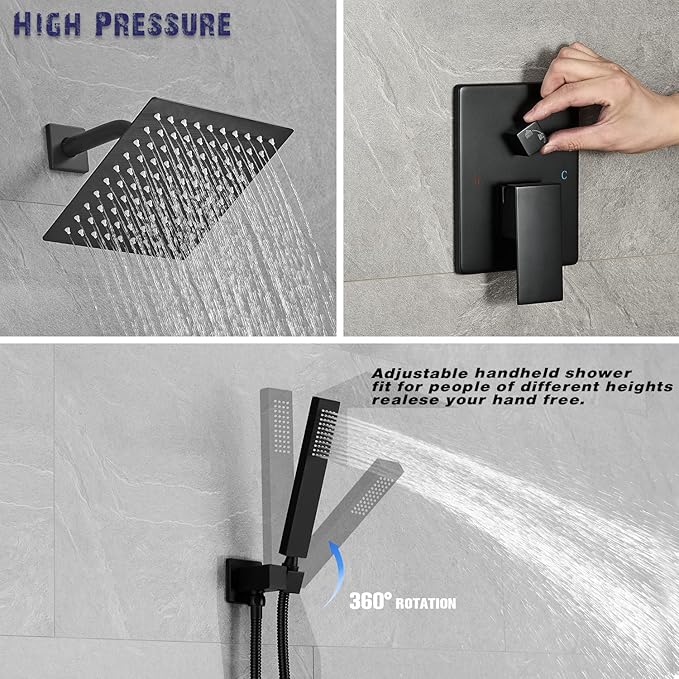 annazom Shower Faucet Set Rain Shower System Matte Black with High Pressure 8-Inch Shower Head Handheld Square Shower Head Bathroom Luxury Rain Shower Faucet Shower Complete Combo Kit Wall Mounted