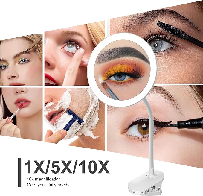 6.5" Clip on Vanity Makeup Mirror with Light, gooseneck Travel 5X Magnifying Mirror,USB Recharge (White 5X)