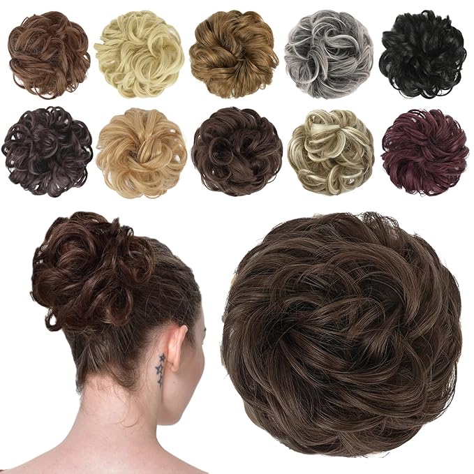FESHFEN Messy Bun Hair Piece - Wavy Synthetic Chignon Scrunchies for Instant Volume, Elastic Bun Ponytail Hair Extensions Thick Hairpieces for Women, Medium Chestnut Brown 1.50 oz