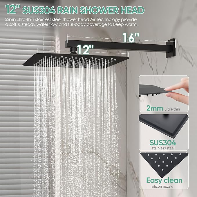 HoliSpa Black Tub Shower System, All Metal Tub Shower Faucet Set with 12" Rain Shower Head and Handheld Spray combo, Wall Mounted Shower Systems with Tub Spout, Valve and Trim Kit, Matte Black