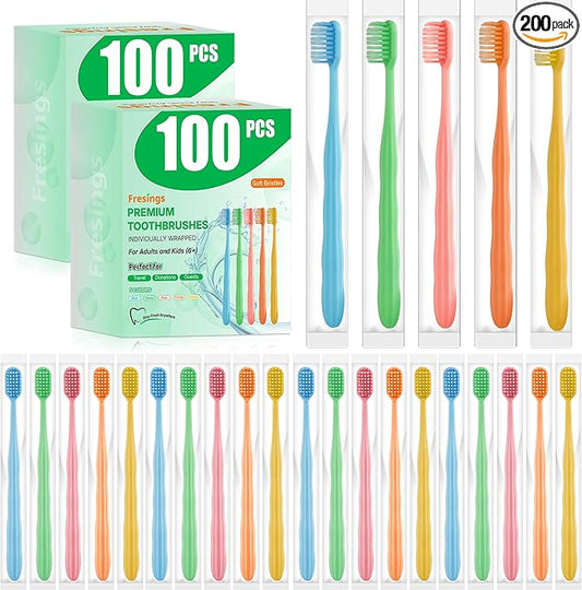 200-Pack Premium Bulk Disposable Toothbrushes, Individually Wrapped, Soft Bristles, Peanut Grip Handle for Travel, Guest Bathroom, Hotel & Emergency Kits, Family, Kids & Adults, Single Use