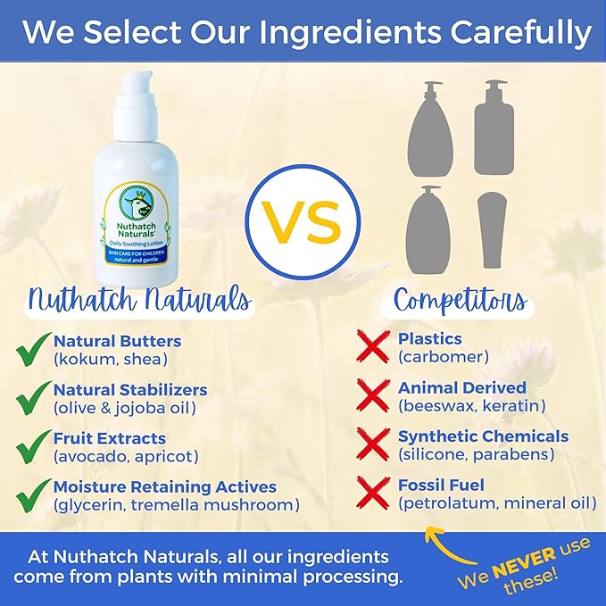 Nuthatch Naturals Kids Lotion - Daily Use Gentle Moisturizer - Plant Based, Moisturizing & Non-Toxic Soothing Lotion for Kids - Dermatologist Tested - Gentle, Mild, Hypoallergenic, Fragrance Free