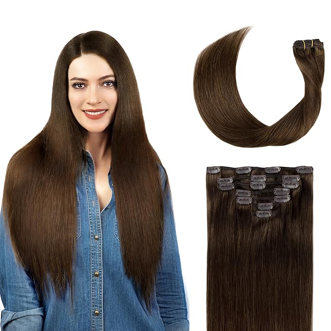 Clip in Hair Extensions Real Human Hair, 100% Remy Chocolate Brown Hair Extensions for Long Hair, Tangle-free&Shedding-free, #4 20Inch 120G 7PCS