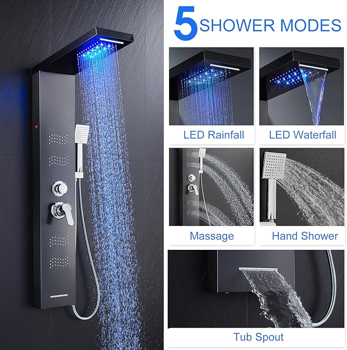TSIBOMU Stainless Steel Shower Panel Tower System with LED Lights, 5 in 1 Shower Panel with Rainfall Waterfall Shower Head, Body Spray, Handheld Shower, Tub Spout (Black)