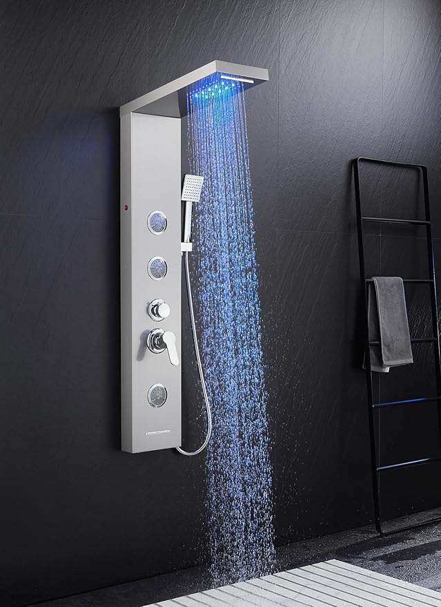 TSIBOMU 5 in 1 Shower Panel Tower System with LED Lights, Rainfall and Waterfall Shower Head, 3 Pcs Adjustable Body Jets, Handheld Shower, Tub Spout (Brushed Nickel)