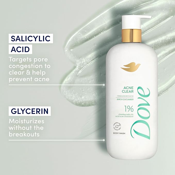 Dove Serum Body Wash Acne Clear for troubled skin with Salicylic Acid 18.5 Fl Oz (Pack of 4)