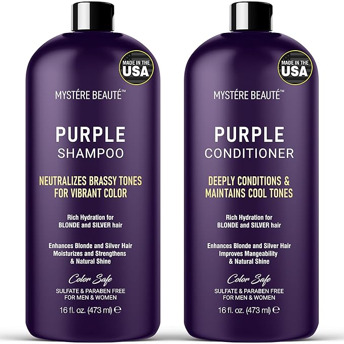 MYSTÉRE BEAUTÉ Purple Shampoo and Conditioner Set, For Blonde, Silver, and Gray Hair - Purple Shampoo Conditioner for Men Women, Sulfate Free Anti Yellowing Vibrant Color Protection - 16 fl oz each