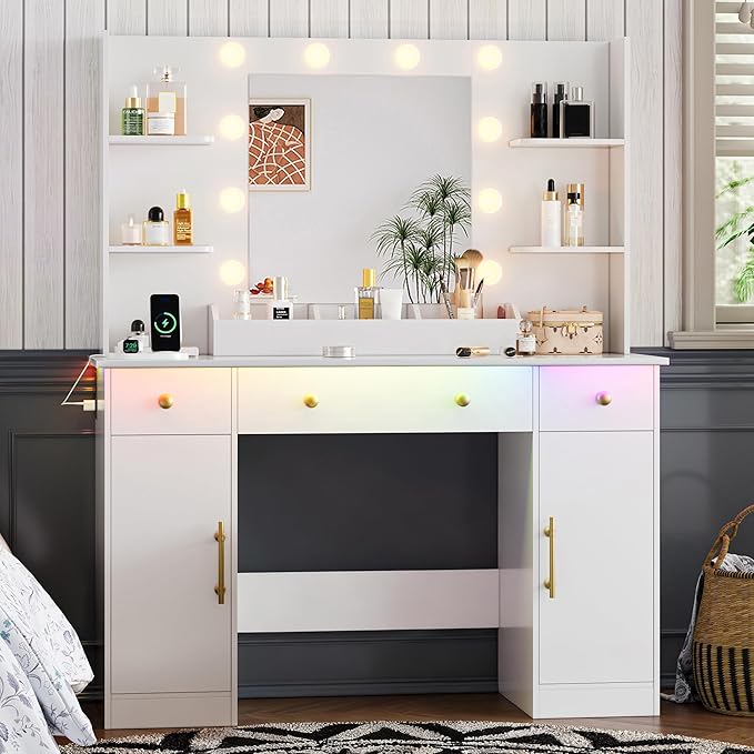 Vanity Desk with Mirror and Lights, 43'' Makeup Dressing Table Set with 5 Drawers & Power Outlet, 3 Lighting Modes Brightness Adjustable, Vanity with RGB Ambient Light for Women Girls Bedroom, White