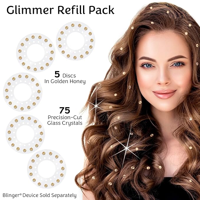 blinger® Shimmer Crystal Refill Pack – as seen on Shark Tank | 5 Discs – 75 Precision-Cut Glass Crystals | Hair-Safe Accessories | Styling Tool Not Included| Golden Honey 5 mm