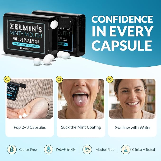 Zelmin's Minty Mouth Breath Freshener - (5 Pack) Long Lasting Bad Breath Treatment for Adults, Instant Freshness Helps with Dry Mouth, Natural Breath Mints for Travel, Alcohol-Free, Keto, Gluten-Free