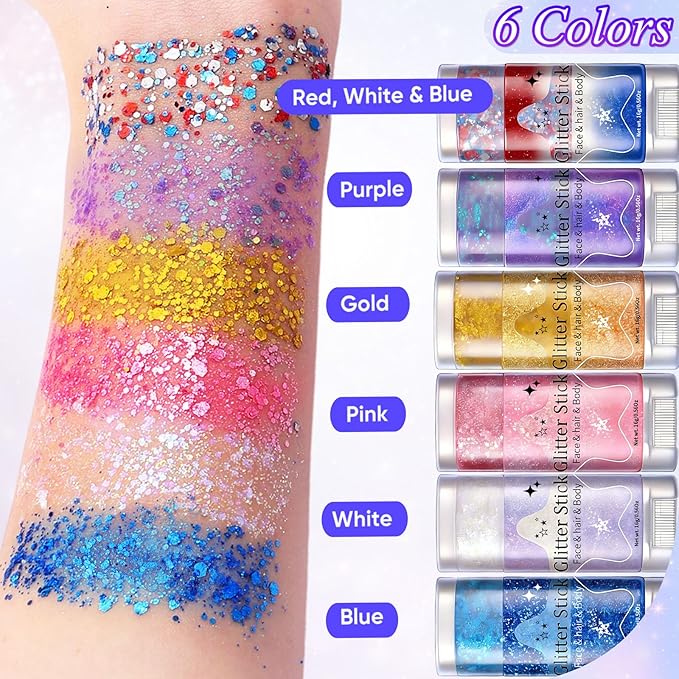 AROIC Body Glitter Stick - 6 Pack Mardi Gras Face & Hair Glitter with Chunky Sequins, Waterproof Sparkling Face Paint with Fruit Scent for Women Singer Festival Makeup Concert Party Rave Accessories