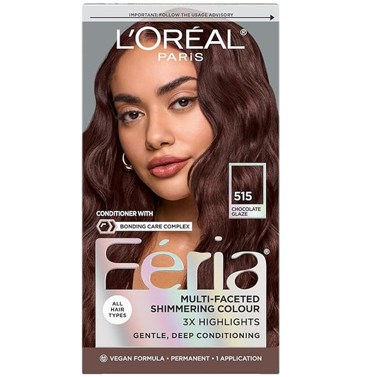 L'Oreal Paris Feria Multi-Faceted Shimmering Permanent Hair Color, High Intensity Hair Dye for 3X Highlights, 515 Chocolate Glaze, 1 Kit