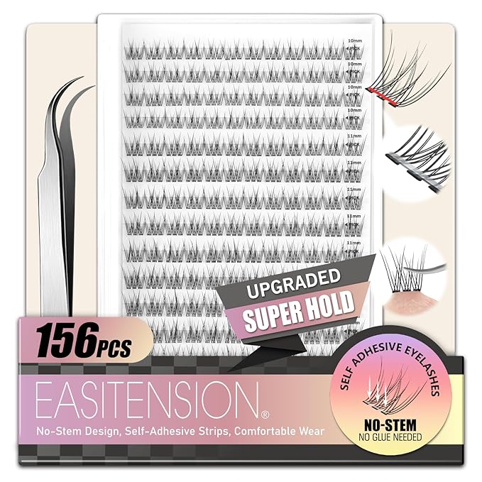 NO-STEM Self Adhesive Eyelashes Upgraded Lash Clusters 156 PCS Mix Length EASITENSION Clusters Kit DIY Eyelashes Pre Glued No Glue Needed 10MM~12MM