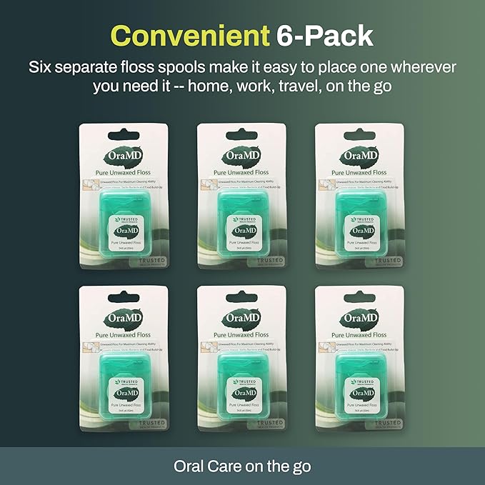 OraMD Oral Care Pure Unwaxed Dental Floss 54.6 Yards - PFAS-Free, Chemical Free, Shred Resistant - Unscented and Ultraclean Plaque Removal - Teeth and Gum Protection for Adults - Pack of 6