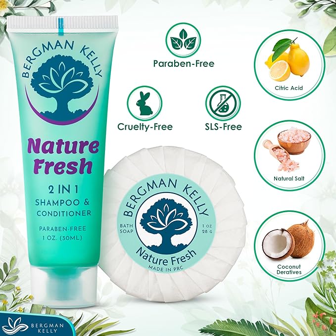 BERGMAN KELLY Round Soap Bars, 2in1 Shampoo & Conditioner 2-Piece Set (Nature Fresh, 1 oz each, 100 pc), Delight Your Guests with Refreshing & Soothing Hotel Amenities & Bulk Toiletries