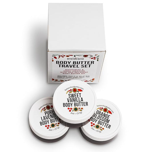 Travel Size Body Butter Set w/Orange Blossom, Lavender & Sweet Vanilla Body Creams - TSA Approved Travel Size Products, Mini Purse Essentials Items Women - Travel Lotion 3x2oz Jars