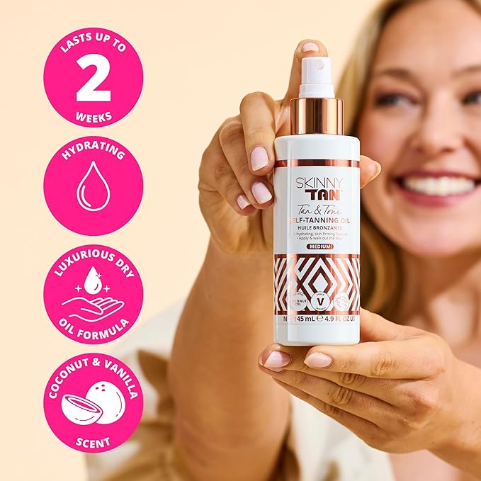 Skinny Tan Tan and Tone Self Tanning Oil Spray - No Need to Rinse - Hydrating and Toning Self Tanner for Healthier Looking Skin - Blurs Appearance of Stretch Marks - Medium Self Tan - 4.9 oz