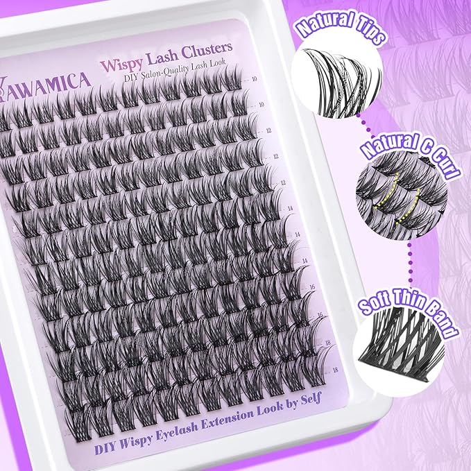 Yawamica Lash Extension Kit Wispy Lash Clusters Kit 10-18mm Cluster Eyelash Extensions D Curly Individual Lashes Medium Volume Cluster Lashes DIY Lash Kit with Bond and Seal and Lash Tweezers