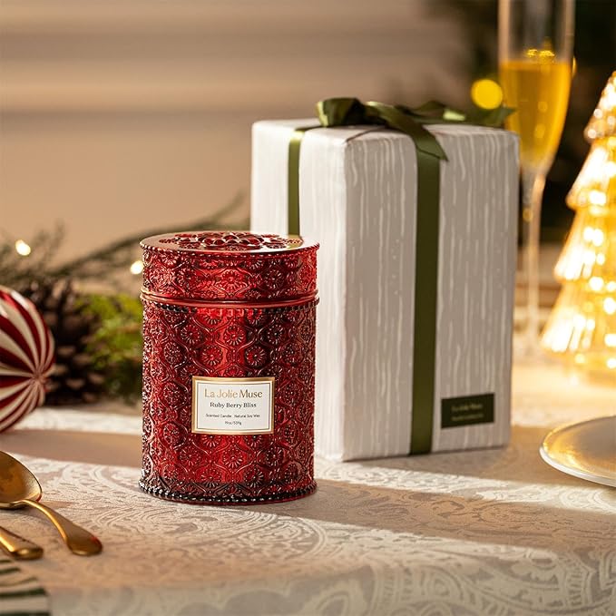 LA JOLIE MUSE Ruby Berry Bliss Scented Candle | Mandarin, Cranberry & Plum | 19 oz Natural Soy Candle | Wooden Wick | 90-Hour Clean Burn | Valentines Gifts for Her | Cozy Home Decor